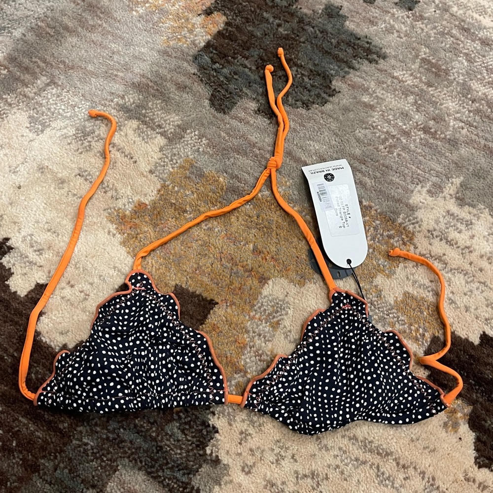Seaster polka dot black orange lace trim bikini top